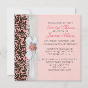 Invitación Rosa de lujo Cinta Chocolate Damask Bridal Shower