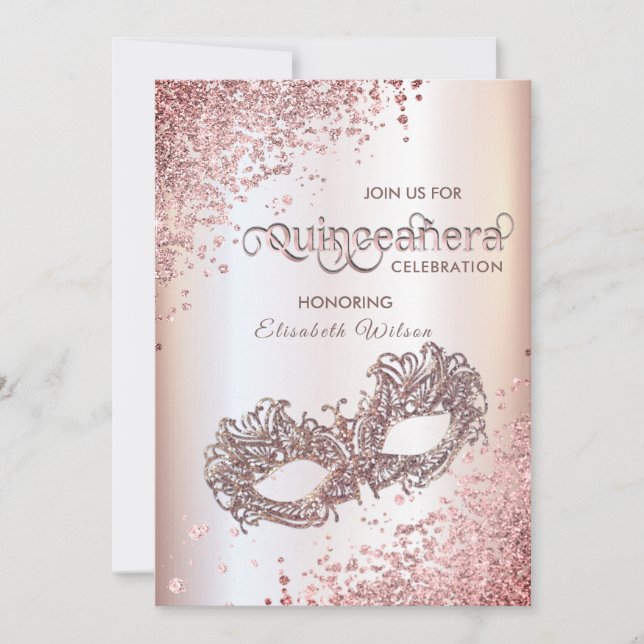 Invitación Rosa de lujo de diamantes de mascarada de oro de Q (Anverso)