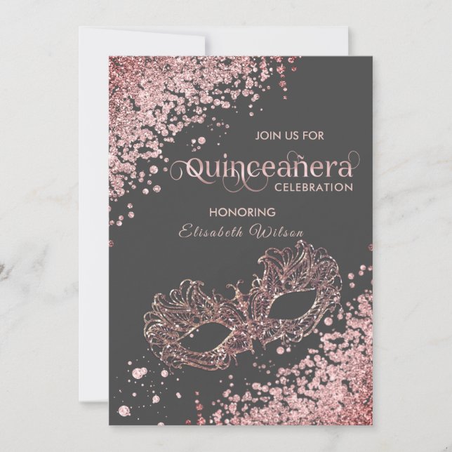 Invitación Rosa de lujo de diamantes de mascarada de oro de Q (Anverso)