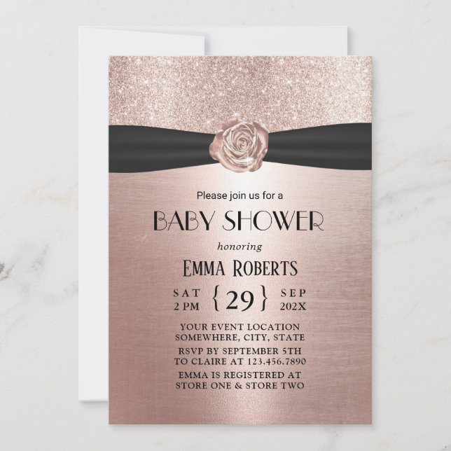 Invitación Rosa de lujo Gold Flower Black Ribbon Baby Shower (Anverso)