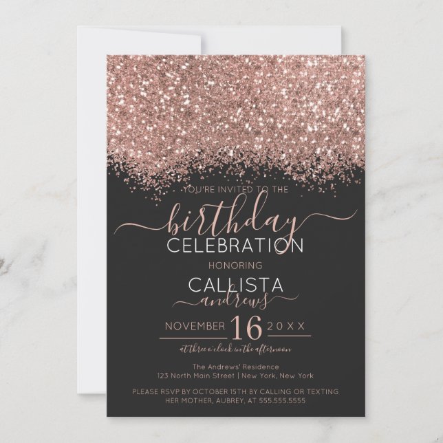 Invitación Rosa de lujo oro negro Purpurina Confetti cumpleañ (Anverso)