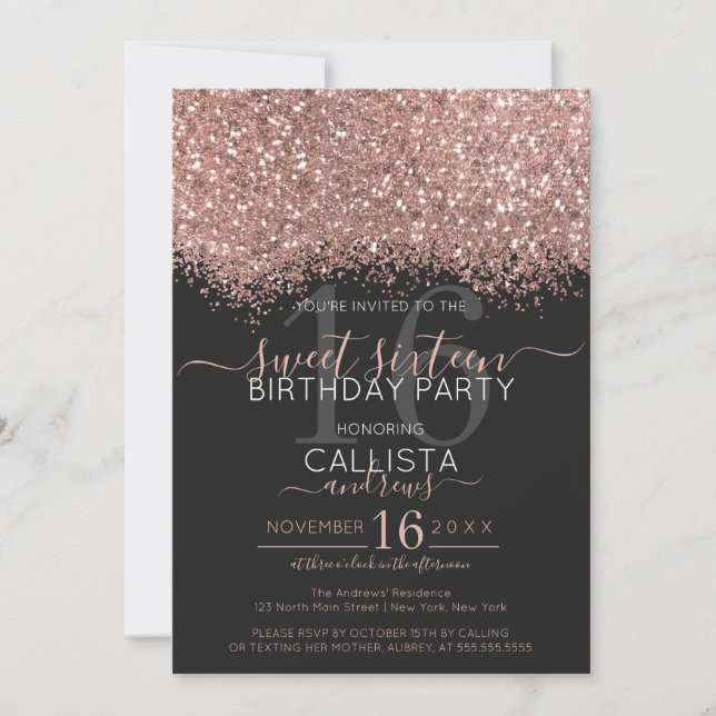 Invitación Rosa de lujo oro negro Purpurina Confetti Sweet 16 (Anverso)
