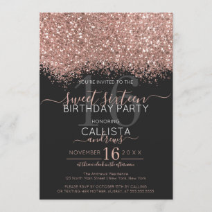 Invitación Rosa de lujo oro negro Purpurina Confetti Sweet 16