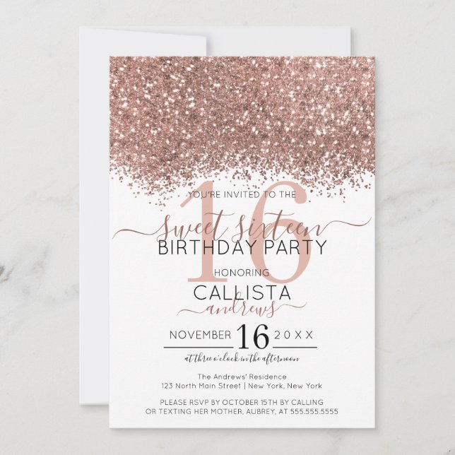Invitación Rosa de lujo oro Purpurina blanco Confetti Sweet 1 (Anverso)
