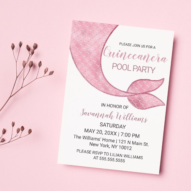 Invitación Rosa de lujo Oro Sirena Rosa Tail Quinceañera (Luxury Rose Gold Pink Mermaid Tail Quinceañera)