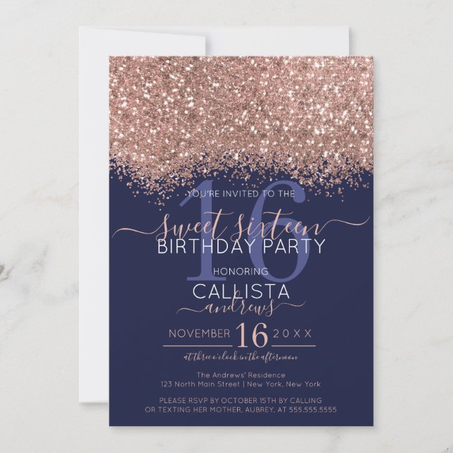 Invitación Rosa de lujo Purpurina de la Marina de Oro Confett (Anverso)