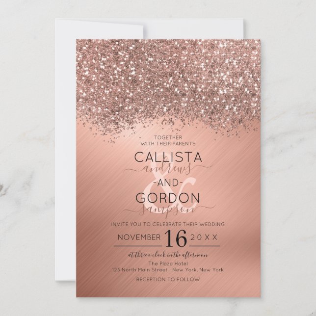 Invitación Rosa de lujo Purpurina de oro Confetti Metálico Bo (Anverso)
