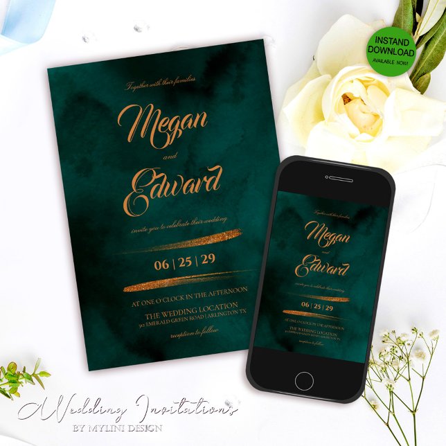 Invitación Rosa de lujo Purpurina de oro Emerald Green Boda (Subido por el creador)
