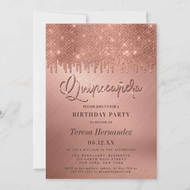 Invitación Rosa de lujo Purpurina de oro Pixels Quinceañera (Anverso)