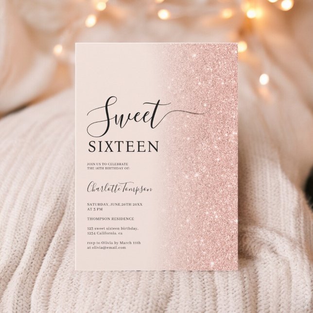 Invitación Rosa de lujo Purpurina de oro Rubor dulce rosa 16 (Luxurious Rose Gold Glitter Blush Pink Sweet 16 Invitation)