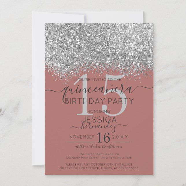 Invitación Rosa de lujo Purpurina de Plata Confetti Quinceañe (Anverso)