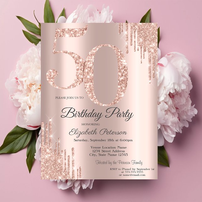 Invitación Rosa de lujo Purpurina Gold Drips 50 cumpleaños (Subido por el creador)