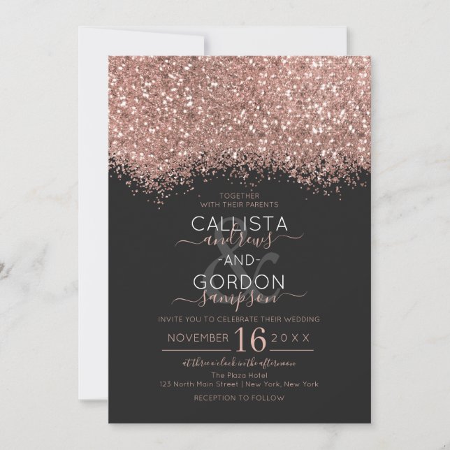 Invitación Rosa de lujo Purpurina negro de oro Boda Confetti (Anverso)