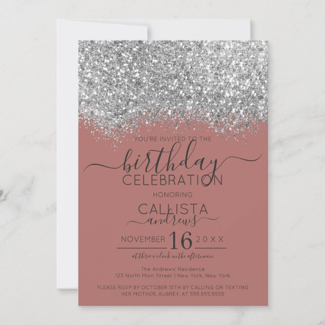 Invitación Rosa de lujo Purpurina Plata Confetti Cumpleaños (Anverso)