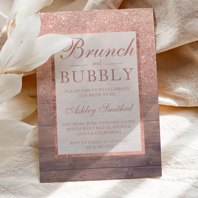 Invitación Rosa de madera purpurina de oro brunch burbujeante (Subido por el creador)