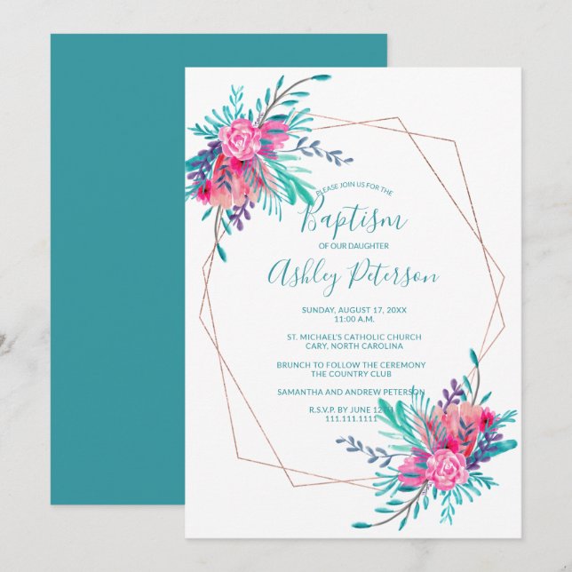 Invitación Rosa de marco dorado acuarela bautismo floral (Anverso / Reverso)