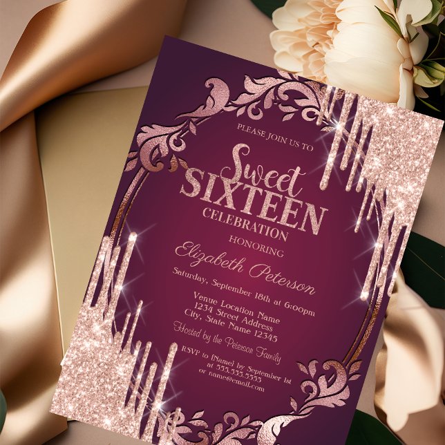 Invitación Rosa de marco retro Purpurina dorado gotea Borgoña (Subido por el creador)