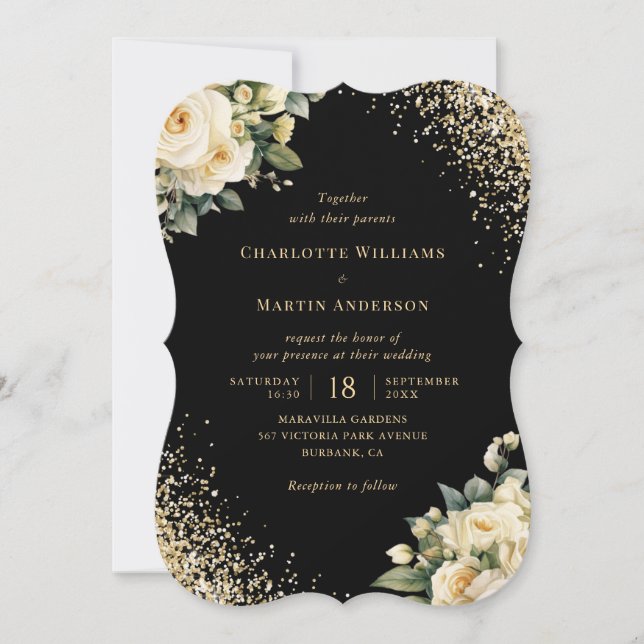 Invitación Rosa de marfil crema Boda floral de oro negro (Anverso)