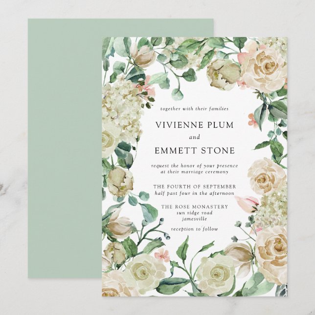 Invitación Rosa de marfil Hidrangea Boda floral (Anverso / Reverso)