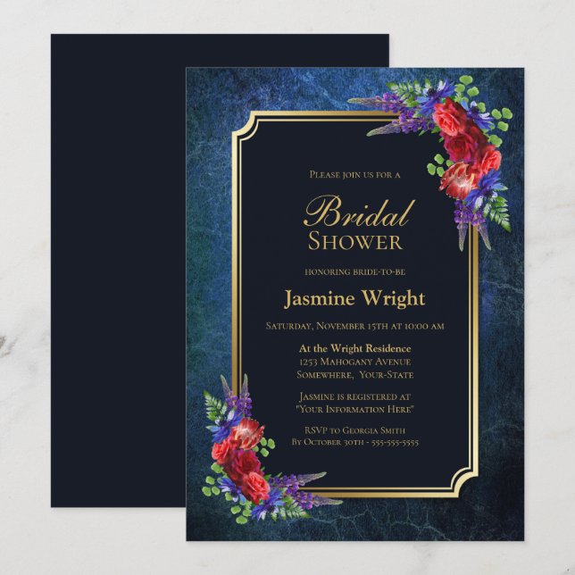 Invitación Rosa de Marina Blue Gold Borgoña Bridal Shower (Anverso / Reverso)
