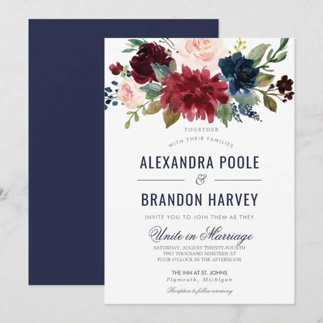 Invitación Rosa de Marina Borgoña Boda floral moderno (Anverso / Reverso)
