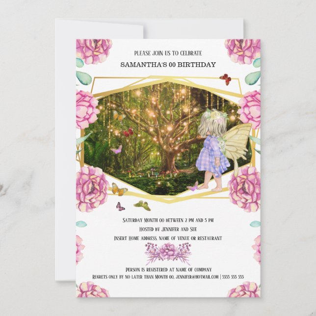 Invitación Rosa de mariposa de luciérnaga encantada (Anverso)
