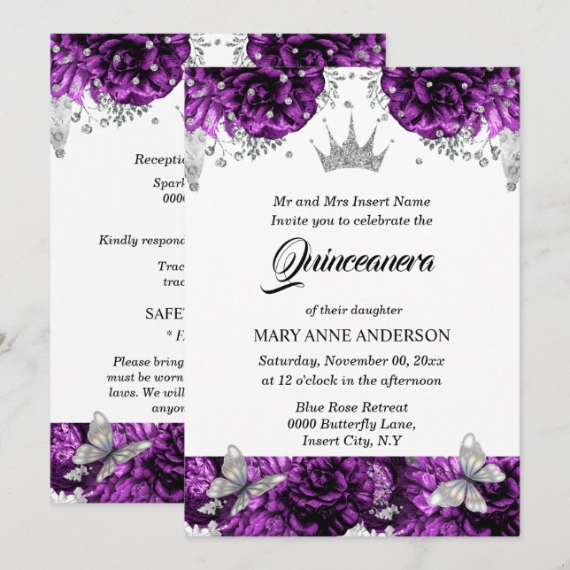 Invitación Rosa de mariposa de plata púrpura quinceanera (Anverso / Reverso)