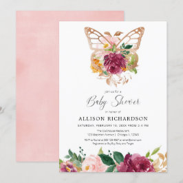 Invitación rosa de mariposa dorada burdeos borgoña chica flor