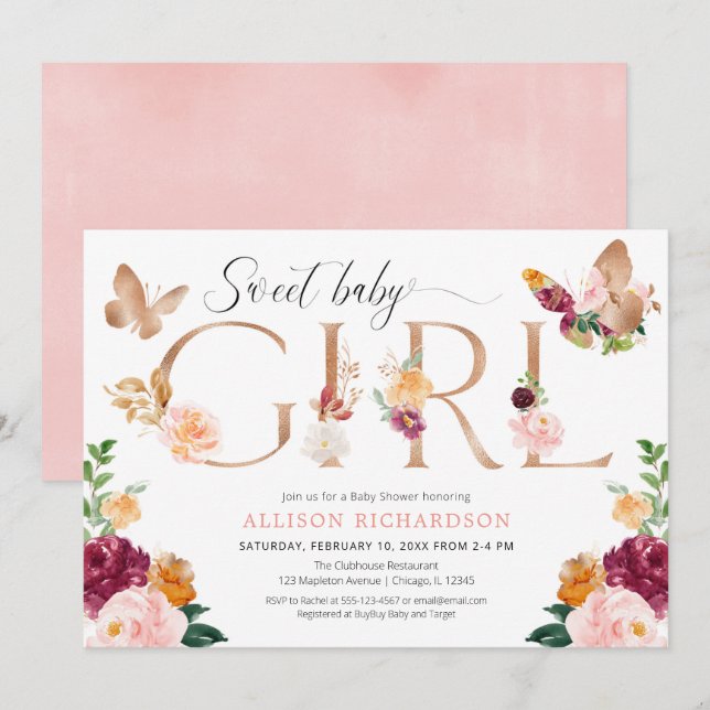 Invitación Rosa de mariposa dorado rosa chica bebe ducha (Anverso / Reverso)