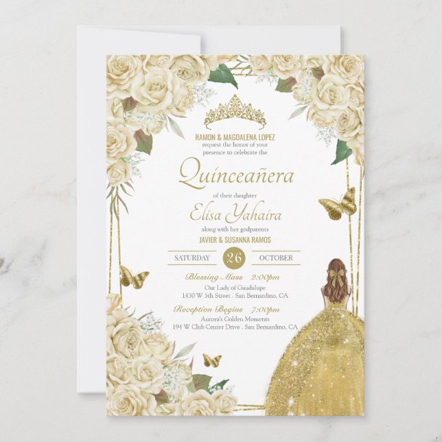 Invitación Rosa de mariposa floral de oro blanco crema Quince (Anverso)