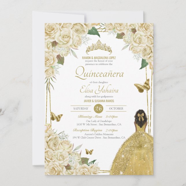 Invitación Rosa de mariposa floral de oro blanco crema Quince (Anverso)