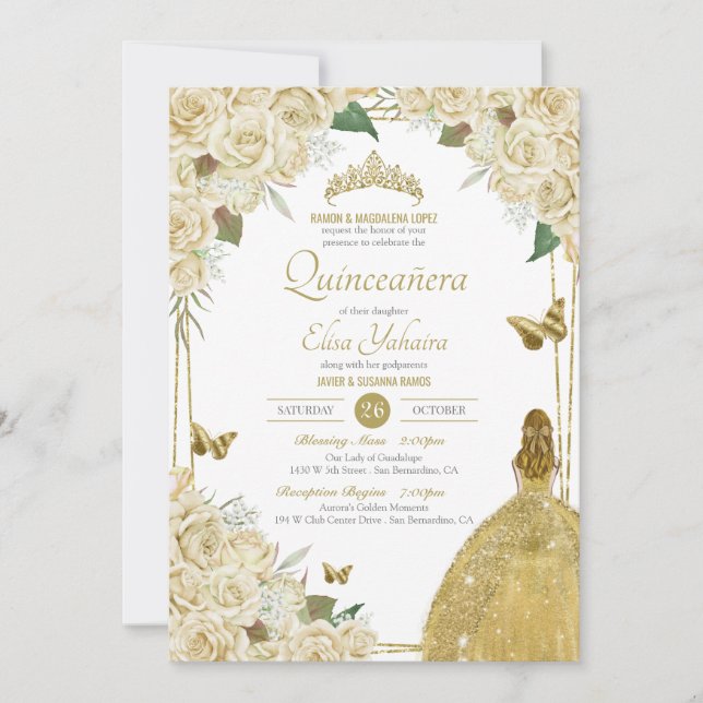 Invitación Rosa de mariposa floral de oro blanco crema Quince (Anverso)