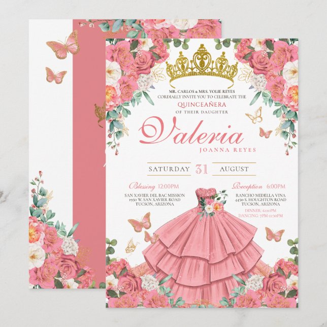 Invitación Rosa de mariposa princesa rosa elegante Quinceaner (Anverso / Reverso)