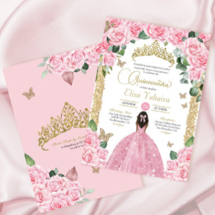Invitación Rosa de mariposa rosa Princesa Floral Quinceanera