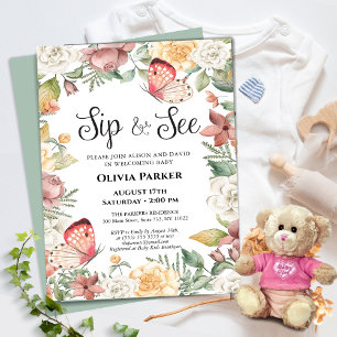 Invitación Rosa de mariposa rosada Floral Baby Girl SIP Y VER