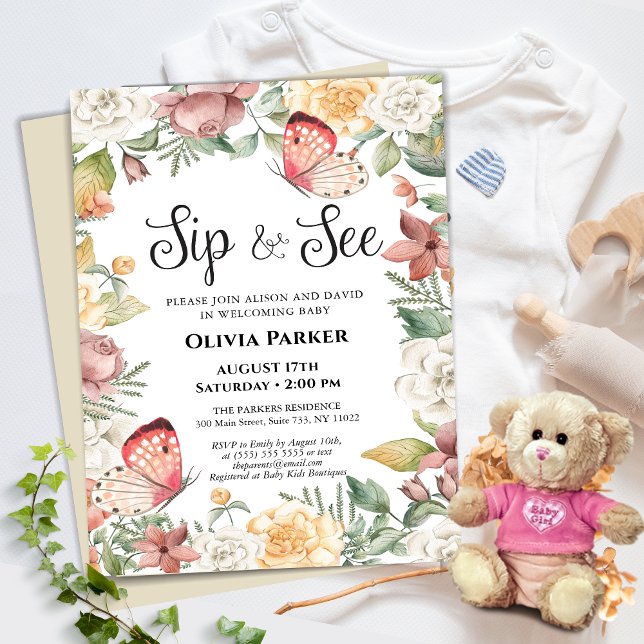 Invitación Rosa de mariposa rosada Floral Baby Girl SIP Y VER (Subido por el creador)