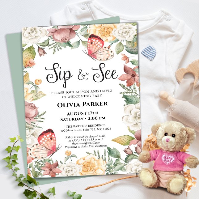 Invitación Rosa de mariposa rosada Floral Baby Girl SIP Y VER (Subido por el creador)