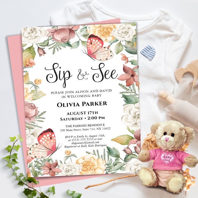Invitación Rosa de mariposa rosada Floral Baby Girl SIP Y VER (Subido por el creador)