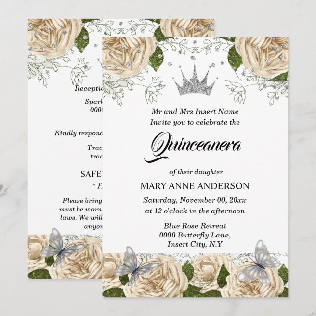 Invitación Rosa de mariposa tiara de plata beige quinceanera (Anverso / Reverso)