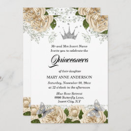 Invitación Rosa de mariposa tiara de plata beige quinceanera