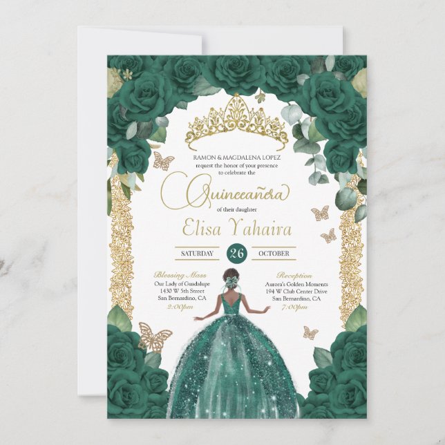 Invitación Rosa de mariposa verde esmeralda Princesa Quincean (Anverso)