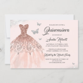Invitación Rosa de mariposa vestido de espuma de oro Quincean