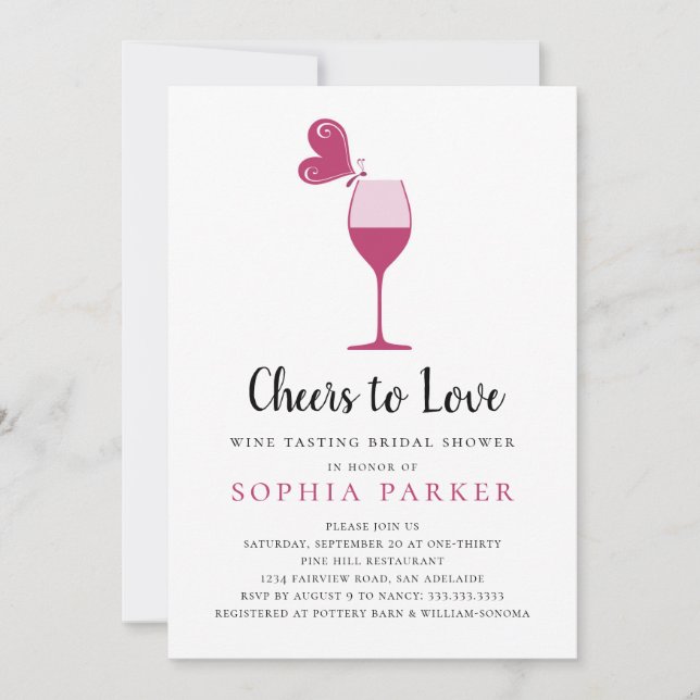 Invitación Rosa de mariposa vina degustación de ducha de novi (Anverso)
