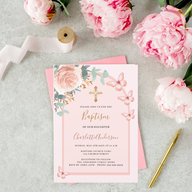 Invitación Rosa de mariposas de oro baptismo de arco floral (Subido por el creador)