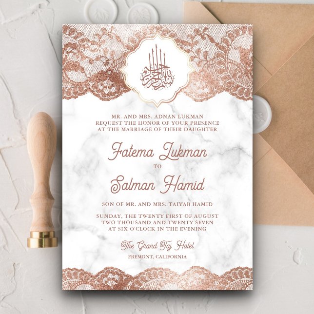 Invitación Rosa de mármol blanco oro encaje código QR boda mu (Subido por el creador)