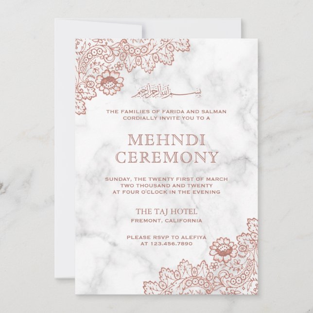 Invitación Rosa de mármol blanco oro encaje islámico Mehndi (Anverso)