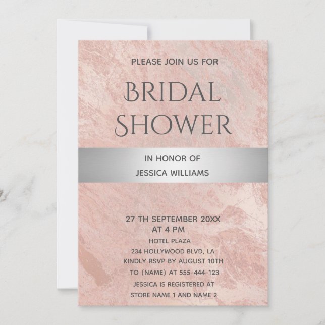 Invitación Rosa de mármol dorado raya de plata ducha de matri (Anverso)