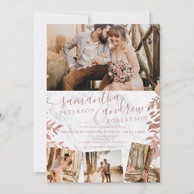Invitación Rosa de mármol floral español 5 fotos boda (Reverso)