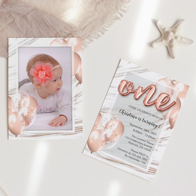 Invitación Rosa de mármol Globos de oro Primer Chica de cumpl (Subido por el creador)