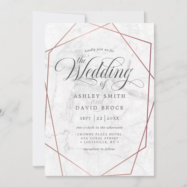 Invitación Rosa de mármol oro Boda geométrico elegante (Anverso)
